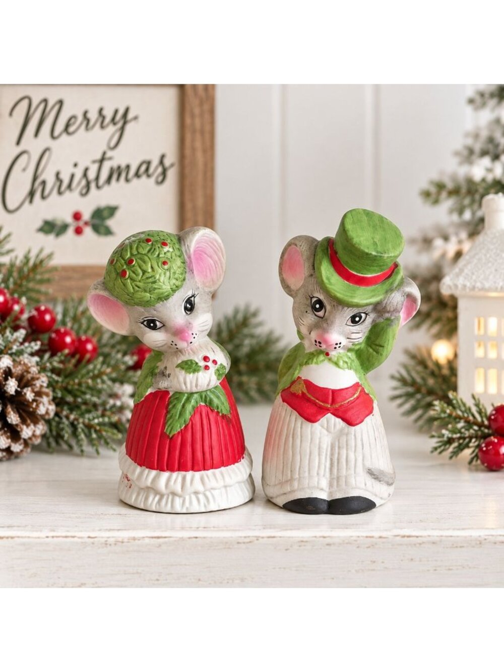 Vintage Jasco Mouse Bell Figurines Set of 2 Critter Bells Ceramic Mice Christmas